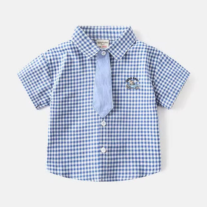 Flat lay: baby boy’s checked cotton shirt with detachable matching tie – casual semi-formal set