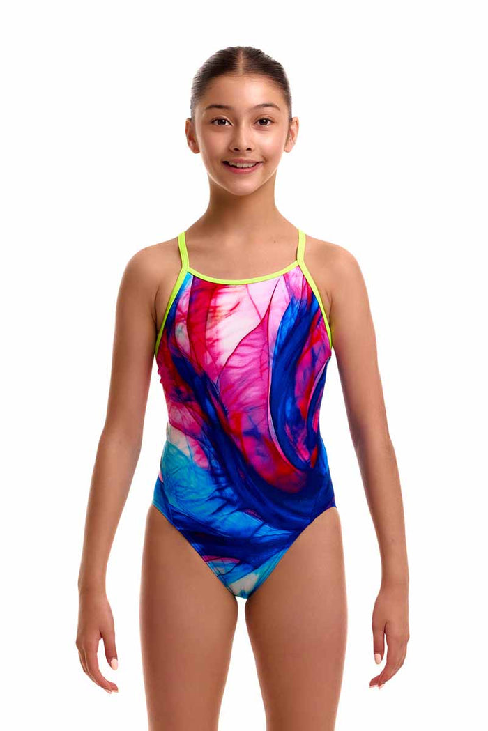 Funkita Girls Muscle Mad diamond back one-piece swimsuit in vibrant multi-colored design, featuring a sporty fit and bold pattern.