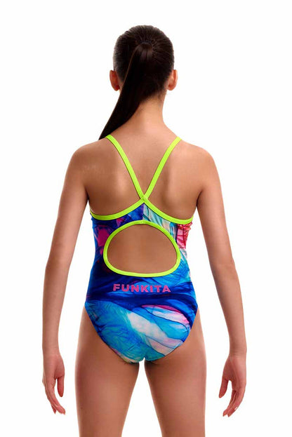 Funkita Girls Muscle Mad diamond back one-piece swimsuit in vibrant multi-color design, suitable for swimming and active wear.