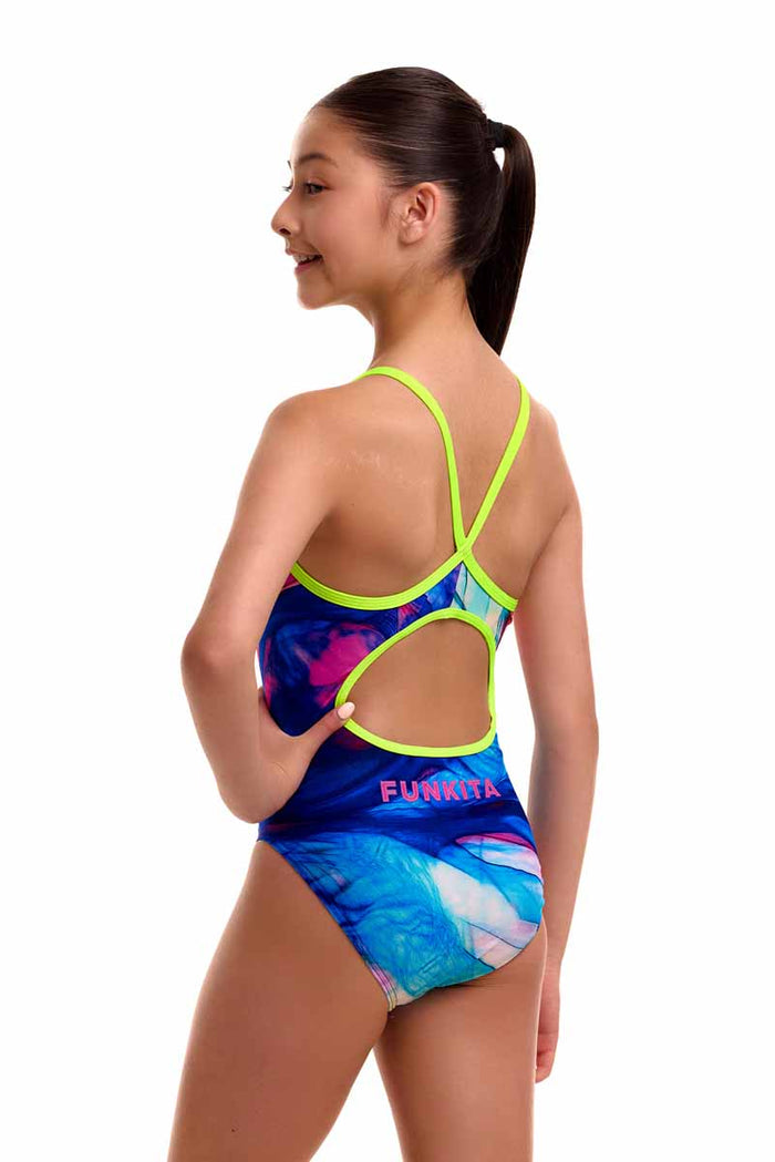 Funkita Girls Muscle Mad Diamond Back one-piece swimsuit in multi-color with geometric pattern, designed for swimming and active wear.