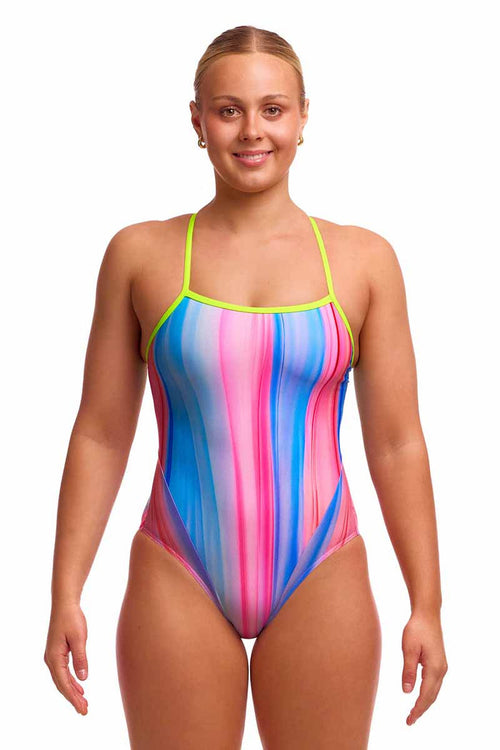 Funkita Ladies Curtain Call single strap one-piece swimsuit in multi-color, featuring a sleek, sporty design for swimming activities.