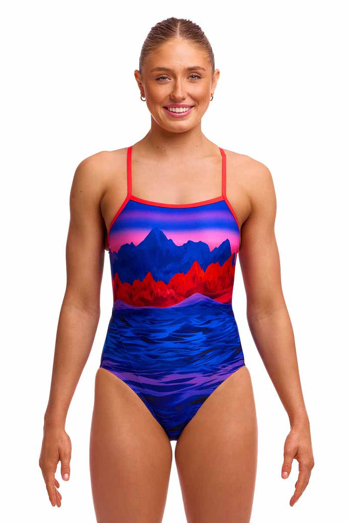 Funkita Ladies High Lights single strap one-piece swimsuit in bright multi-color design, showcasing a sleek, sporty swimwear style.