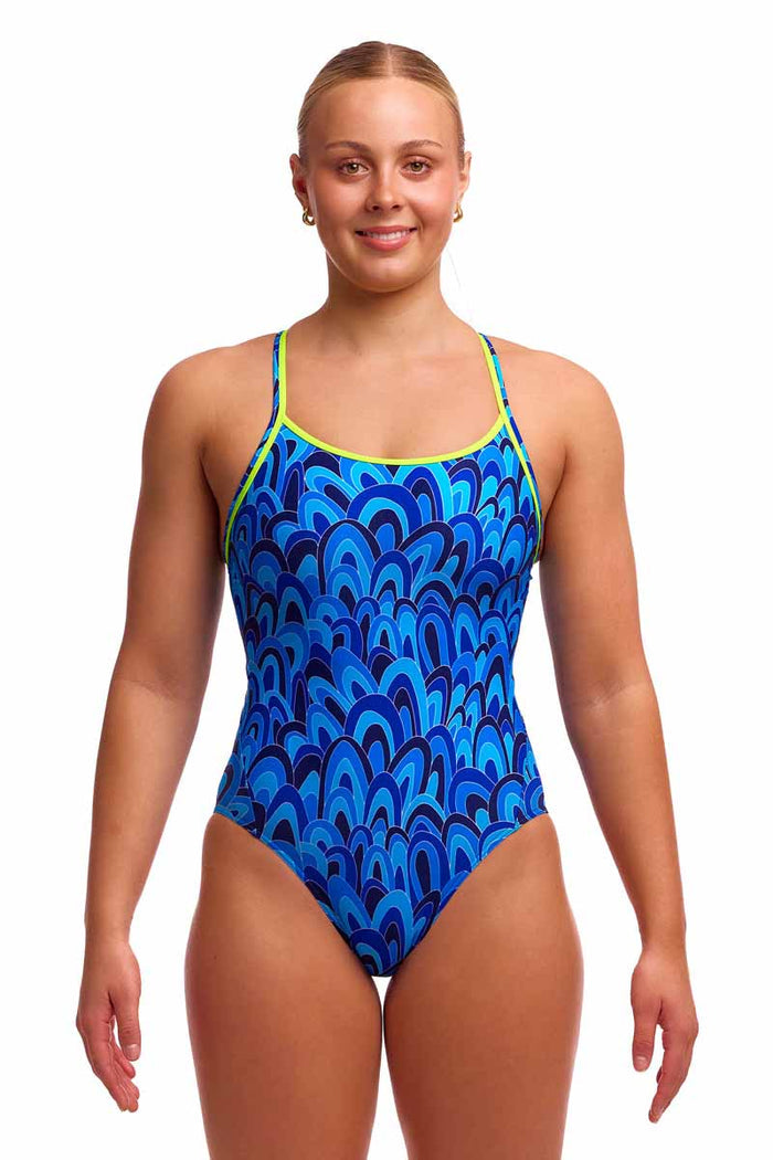 Funkita Ladies Hill Billy Blues diamond back one-piece swimsuit in blue, featuring a vibrant pattern and supportive fit.