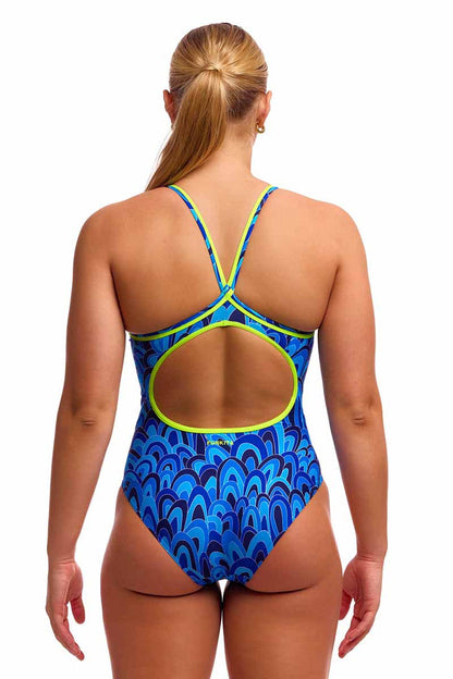Funkita Ladies Hill Billy Blues diamond back one-piece swimsuit in blue, featuring a vibrant geometric pattern for swimming.