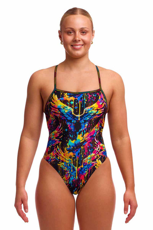 Funkita Ladies Killer Cupid Strapped In One Piece Swimsuit in multi-color, featuring a sleek design and supportive straps.