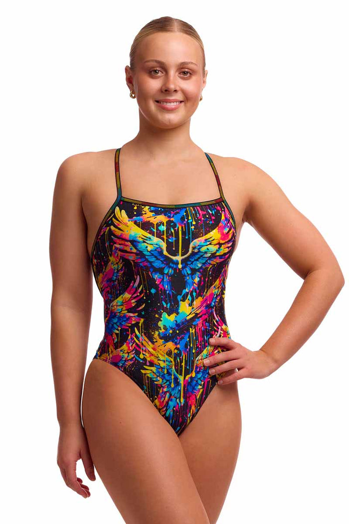 Funkita Ladies Killer Cupid Strapped In One Piece Swimsuit in multi-color with sleek design and supportive straps.