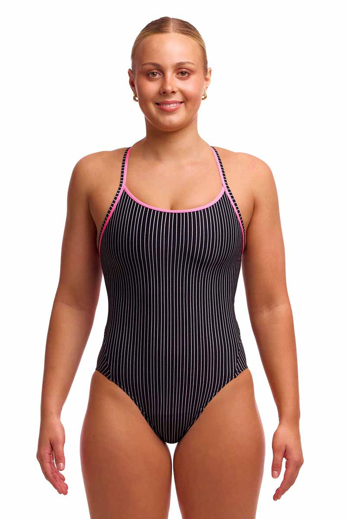 Black and white Funkita ladies pin stripe diamond back one-piece swimsuit with secure fit, designed for swimming and active wear.