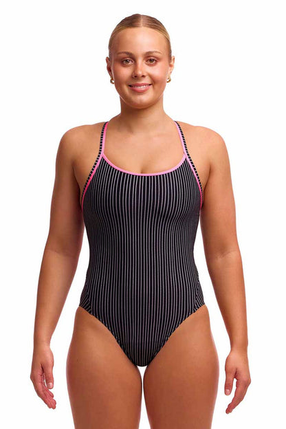 Black and white Funkita ladies pin stripe diamond back one-piece swimsuit with secure fit, designed for swimming and active wear.