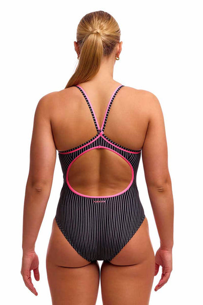 Black and white Funkita ladies' pin stripe diamond back one-piece swimsuit with secure fit, featuring stylish striped design.