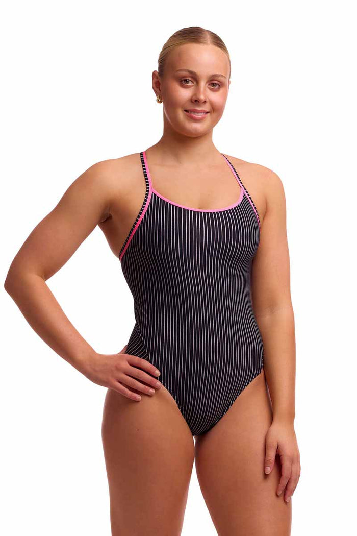 Funkita ladies black and white pin stripe diamond back one-piece swimsuit with secure fit, designed for swimming and active water sports.