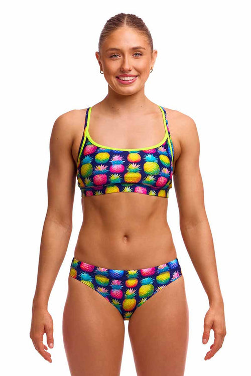 Funkita Ladies Pine Gap sports top, a colorful bikini/tankini with vibrant print and supportive design, suitable for swimwear.