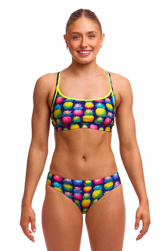 Funkita Ladies Pine Gap sports top, a colorful bikini/tankini with vibrant print and supportive design, suitable for swimwear.