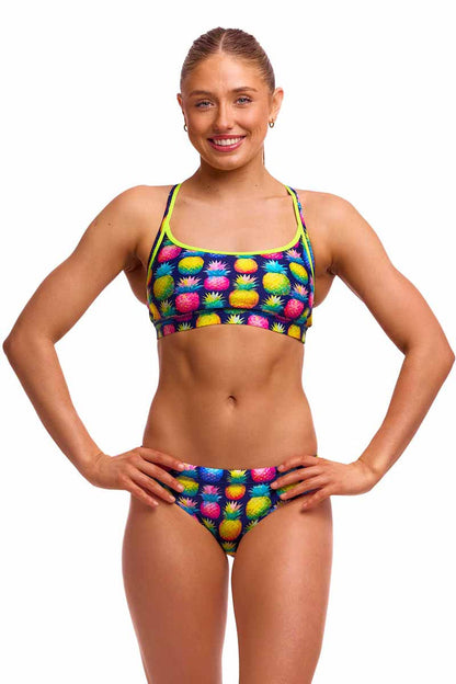 Funkita Ladies Pine Gap sports bikini top in vibrant multi-color with a sleek, fitted design for swimming and active wear.