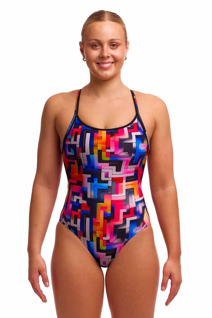 Funkita Ladies Putty Rules Diamond Back one-piece swimsuit in multi-colored pattern, featuring a stylish back design.