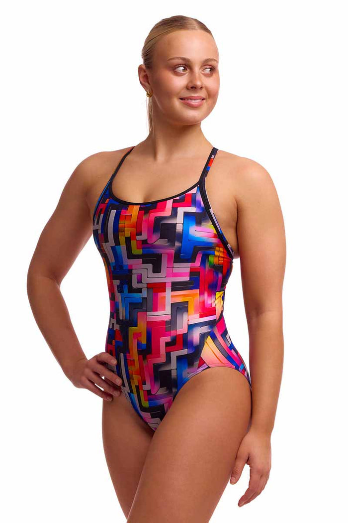 Funkita Ladies Putty Rules diamond back one-piece swimsuit in multi-colored design, featuring a snug fit and stylish pattern.