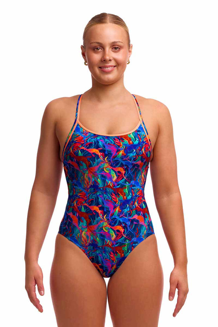 Funkita Ladies Weedy One Diamond Back one-piece swimsuit in multicolor with a floral pattern and diamond-shaped back design.