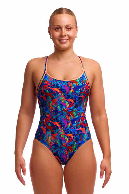 Funkita Ladies Weedy One Diamond Back one-piece swimsuit in multicolor with a floral pattern and diamond-shaped back design.