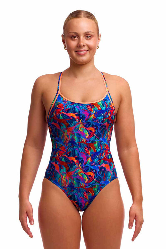 Funkita Ladies Weedy One Diamond Back one-piece swimsuit in multicolor with a floral pattern and diamond-shaped back design.