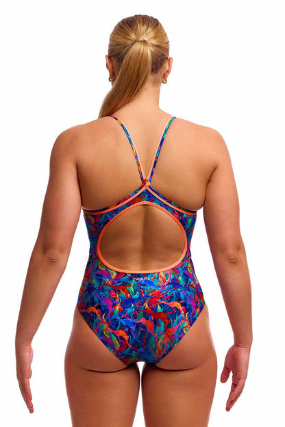 Funkita Ladies Weedy One Diamond Back one-piece swimsuit in multi-color with floral pattern, featuring a diamond back design.