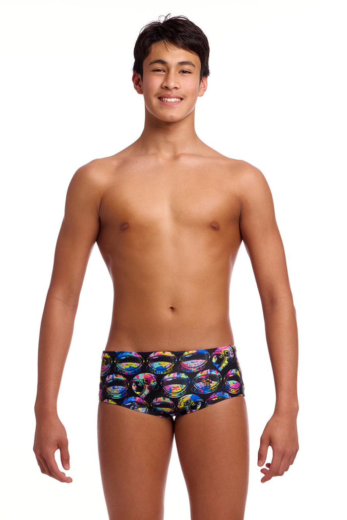 Colorful Funky Trunks Boys Ham Bam Maam Sidewinder trunks with vibrant patterns, designed for comfort and style in swimwear.