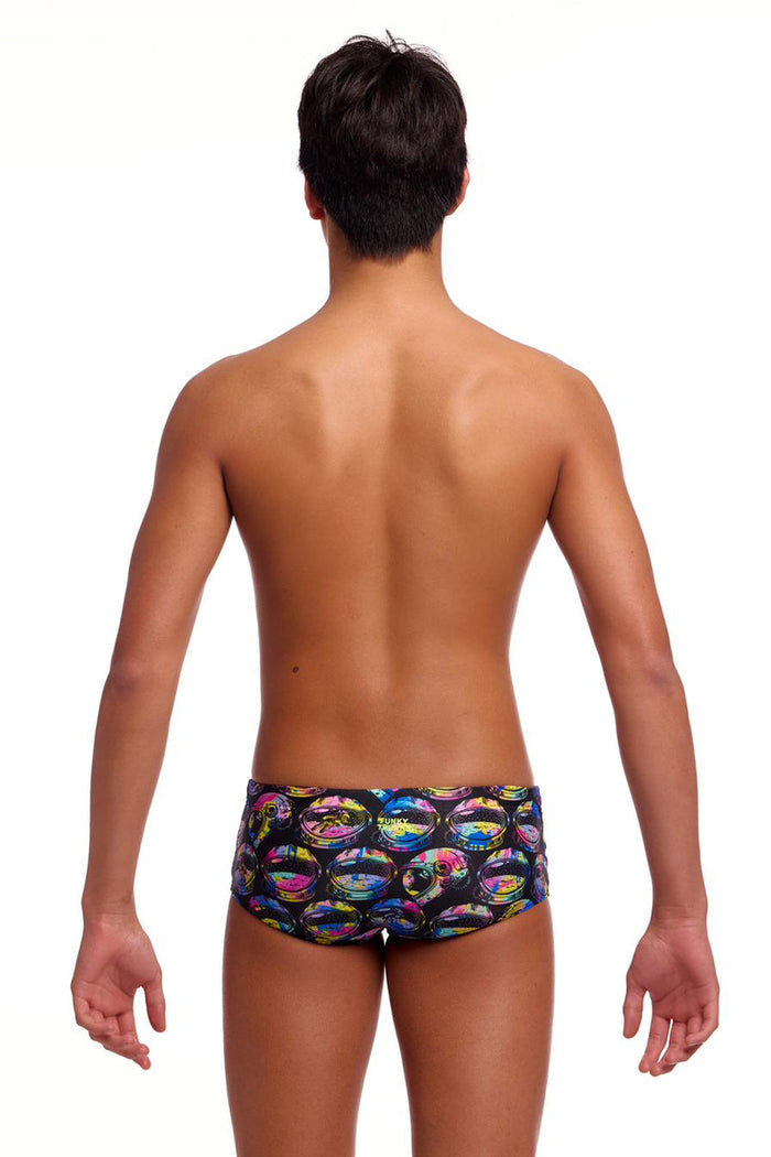 Colorful Funky Trunks Boys Ham Bam Maam Sidewinder trunks with vibrant patterns and elastic waistband, designed for active boys.