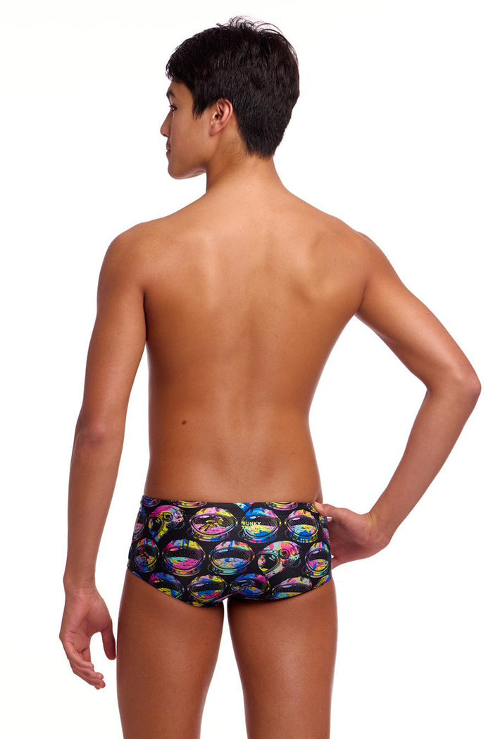 Colorful Funky Trunks Boys Ham Bam Maam Sidewinder trunks featuring vibrant patterns and a comfortable fit for active wear.