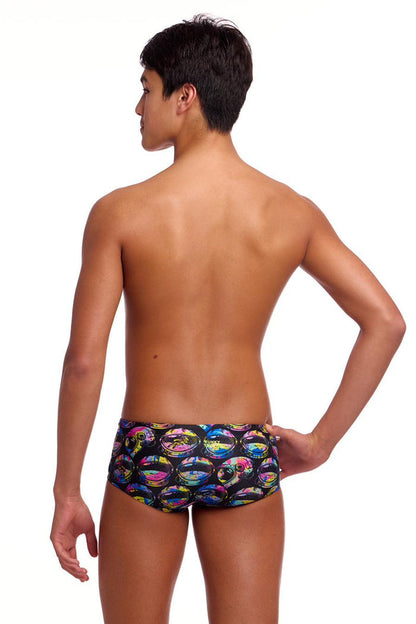 Colorful Funky Trunks Boys Ham Bam Maam Sidewinder trunks featuring vibrant patterns and a comfortable fit for active wear.