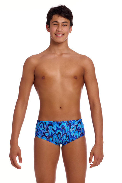 Funky Trunks Boys Hill Billy Blues Sidewinder trunks in blue with bold pattern, designed for boys' swimwear.