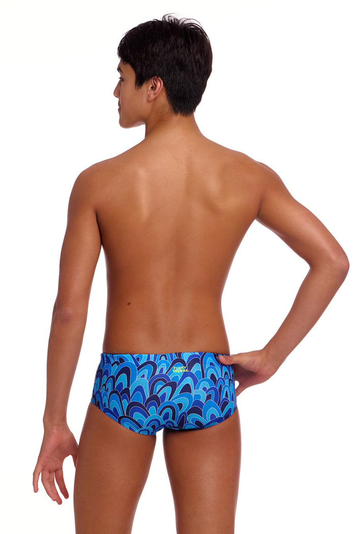 Funky Trunks Boys Hill Billy Blues Sidewinder trunks in blue with a fun, vibrant pattern, perfect for active boys.