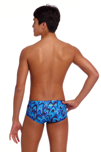 Funky Trunks Boys Hill Billy Blues Sidewinder trunks in blue with a fun, vibrant pattern, perfect for active boys.