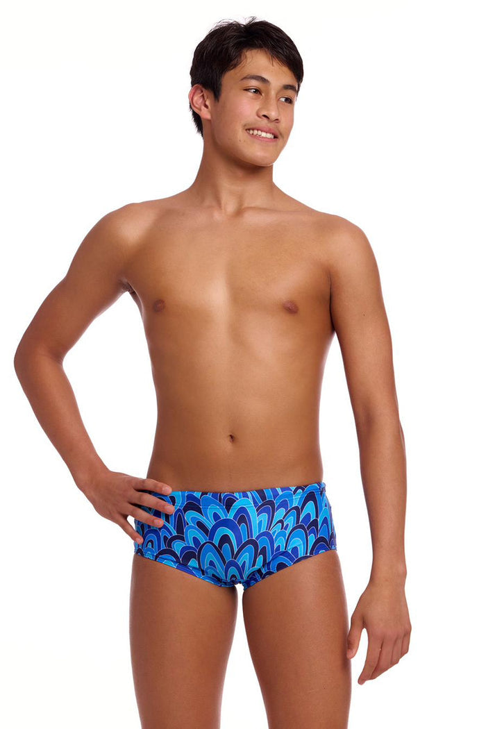 Funky Trunks boys Hill Billy Blues Sidewinder trunks in blue with a fun, colorful pattern, designed for swimming and beachwear.