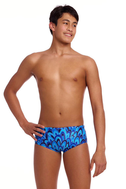 Funky Trunks boys Hill Billy Blues Sidewinder trunks in blue with a fun, colorful pattern, designed for swimming and beachwear.