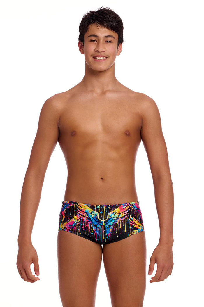 Funky Trunks Boys Killer Cupid Sidewinder trunks in multi-color with fun cupid print, featuring a bold and playful design.