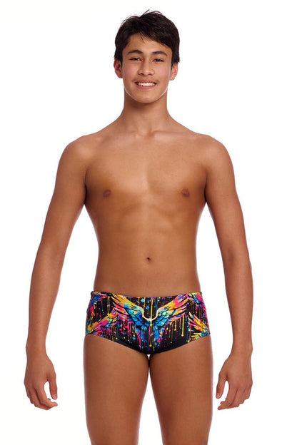 Funky Trunks Boys Killer Cupid Sidewinder trunks in multi-color with fun cupid print, featuring a bold and playful design.