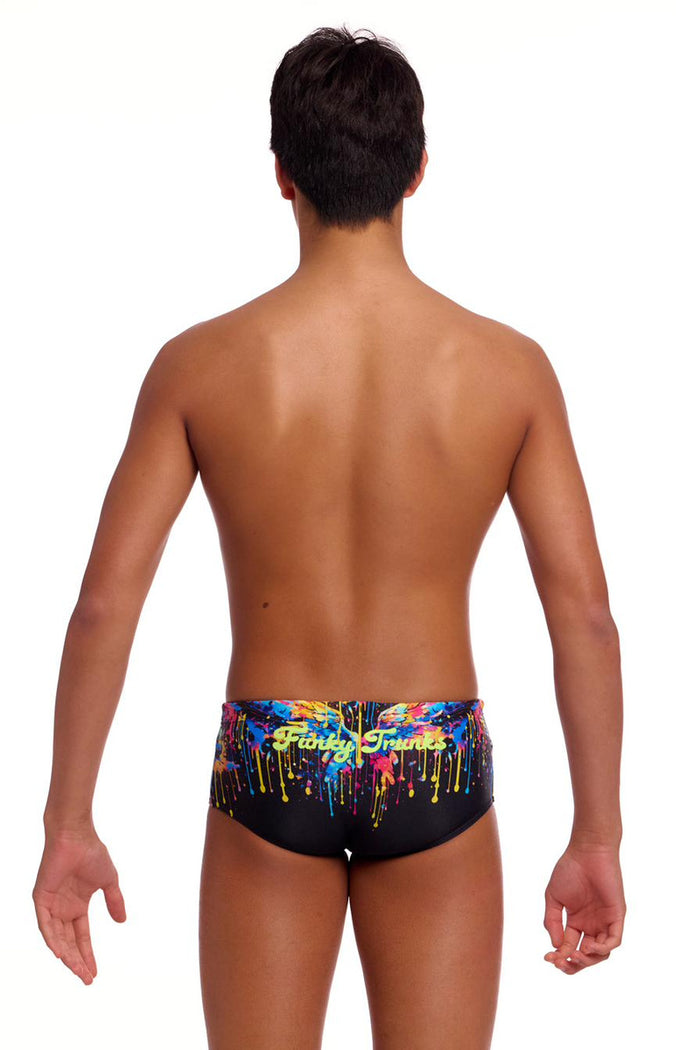 Colorful Funky Trunks Boys Killer Cupid Sidewinder trunks with playful cupid print, vibrant design, and elastic waistband.
