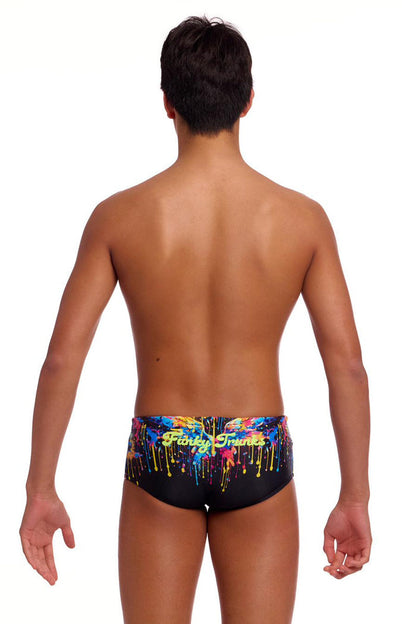 Colorful Funky Trunks Boys Killer Cupid Sidewinder trunks with playful cupid print, vibrant design, and elastic waistband.