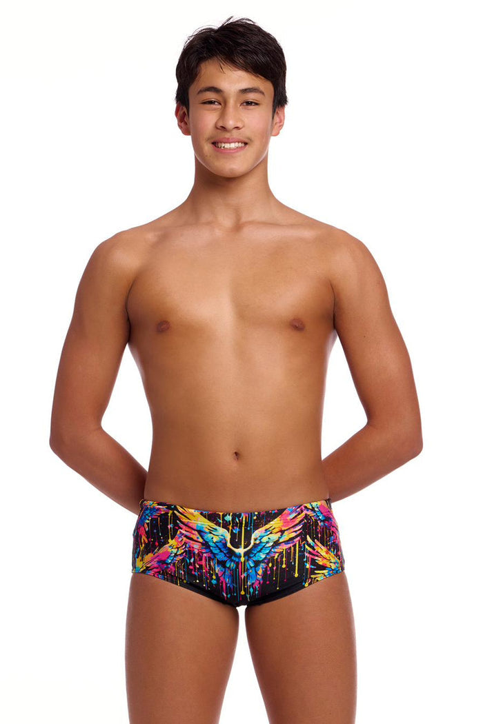 Funky Trunks Boys Killer Cupid Sidewinder trunks in vibrant multi-color with playful cupid print, designed for active kids.