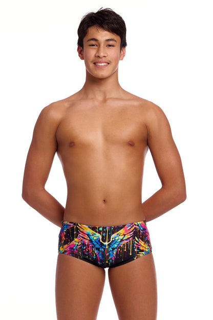 Funky Trunks Boys Killer Cupid Sidewinder trunks in vibrant multi-color with playful cupid print, designed for active kids.