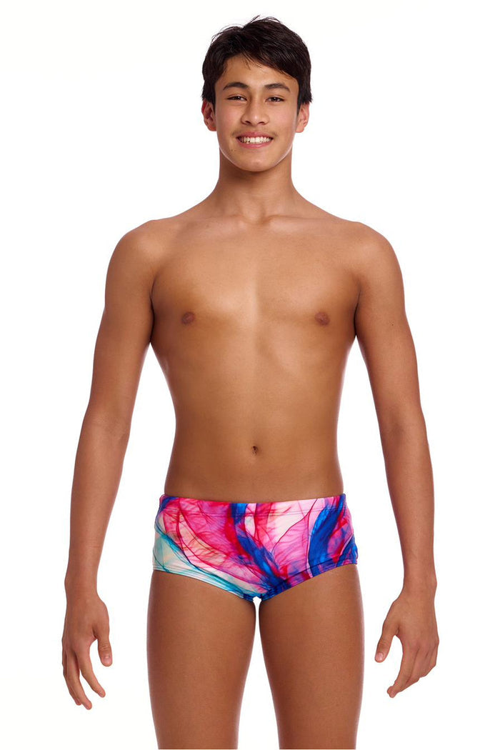 Funky Trunks Boys Muscle Mad Sidewinder trunks in vibrant multi-color with bold sidewinder design, stretchy swimwear for kids.