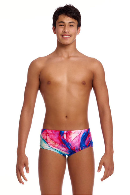 Funky Trunks Boys Muscle Mad Sidewinder trunks in vibrant multi-color with bold sidewinder design, stretchy swimwear for kids.