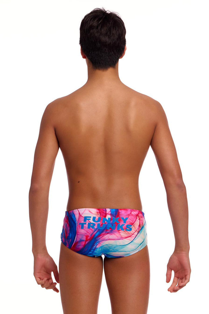Funky Trunks Boys Muscle Mad Sidewinder trunks with colorful, bold patterns and stretchy fabric for active swimming and play.