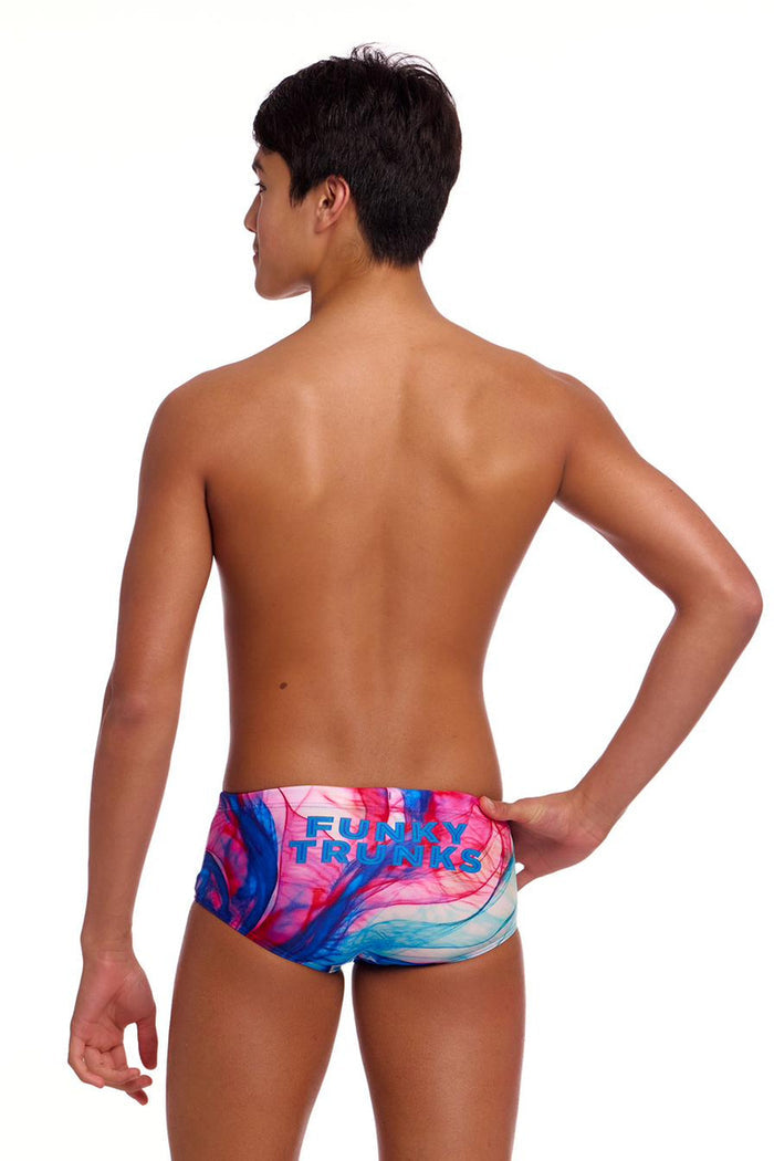 Funky Trunks Boys Muscle Mad Sidewinder Trunks in multi-color with bold muscle and sidewinder design, displayed on a model.