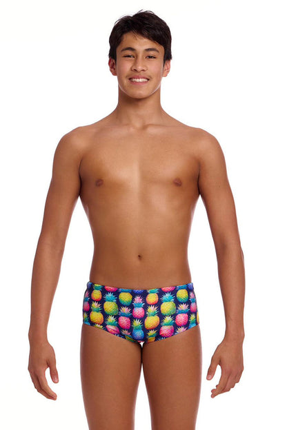 Funky Trunks Boys Pine Gap Sidewinder trunks in vibrant multi-colored pattern with side panel design.