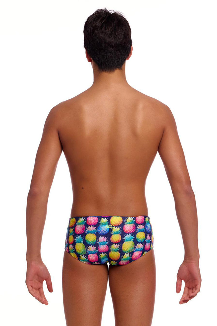 Funky Trunks Boys Pine Gap Sidewinder trunks in vibrant multi-color design with side stripe detail.