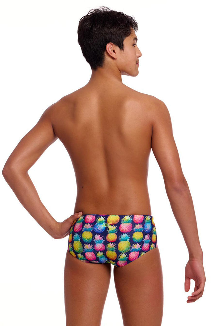 Funky Trunks Boys Pine Gap Sidewinder trunks in multicolor with bold pattern, showcasing their vibrant design and comfortable fit.