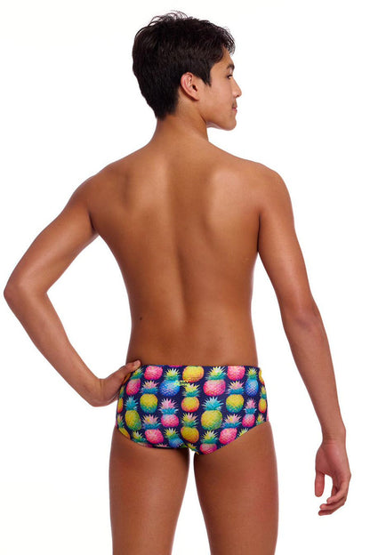 Funky Trunks Boys Pine Gap Sidewinder trunks in multicolor with bold pattern, showcasing their vibrant design and comfortable fit.