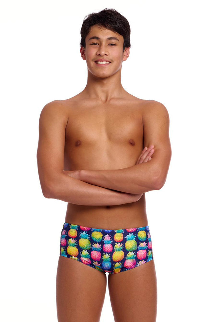 Funky Trunks Boys Pine Gap Sidewinder trunks in multi-color with bold patterns, featuring a comfortable waist and sporty design.