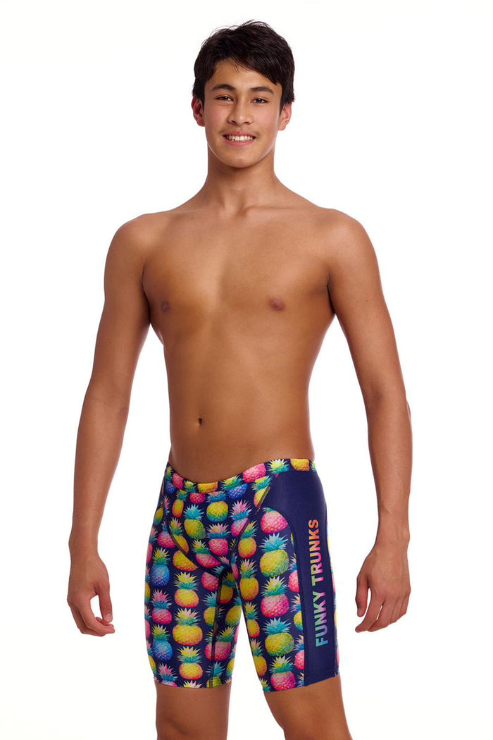Funky Trunks Boys Pine Gap training jammers in multi-color with a vibrant pattern and elastic waistband for active swimming.