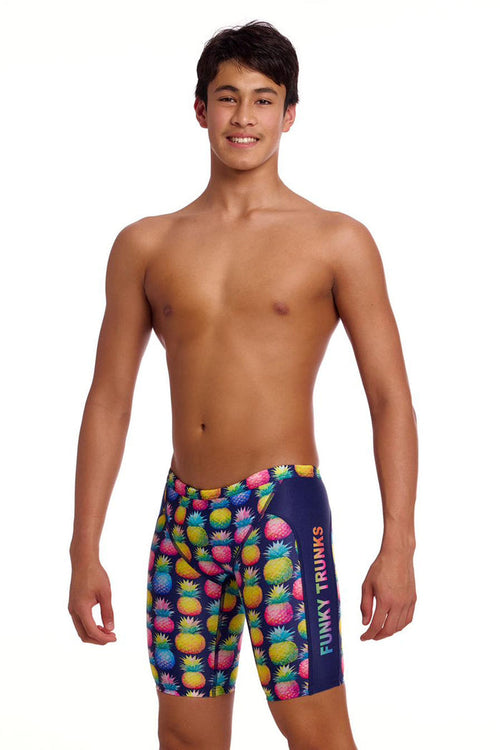 Funky Trunks Boys Pine Gap training jammers in multi-color with a vibrant pattern and elastic waistband for active swimming.