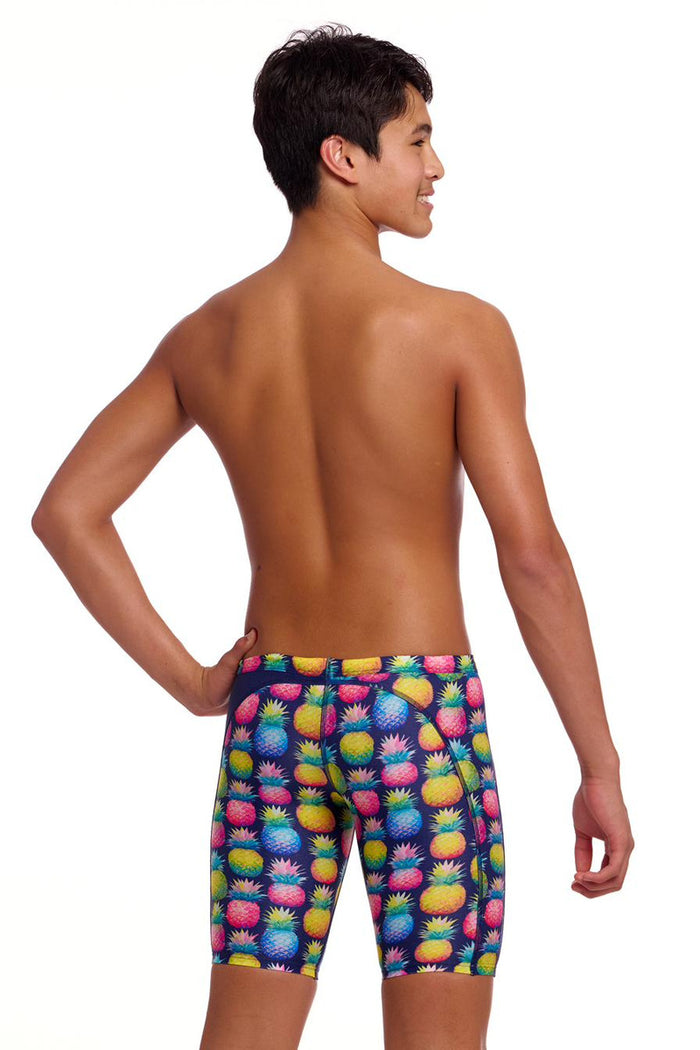 Funky Trunks Boys Pine Gap Training Jammers in multi-color, designed for swimming with a vibrant, patterned look.
